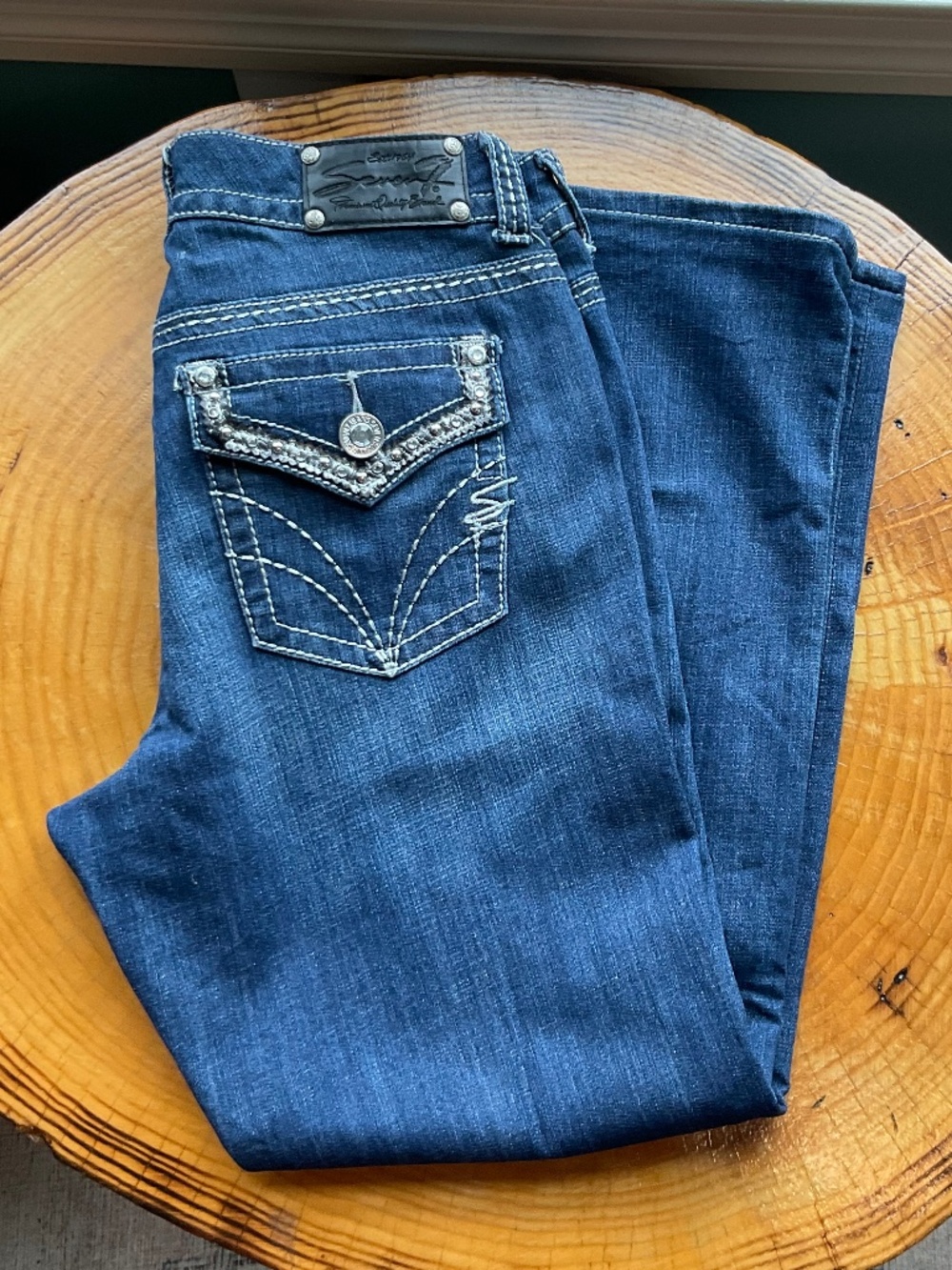 Seven 7 Boot Cut Denim Jeans Embellished with Heavy White Stitching and Bling